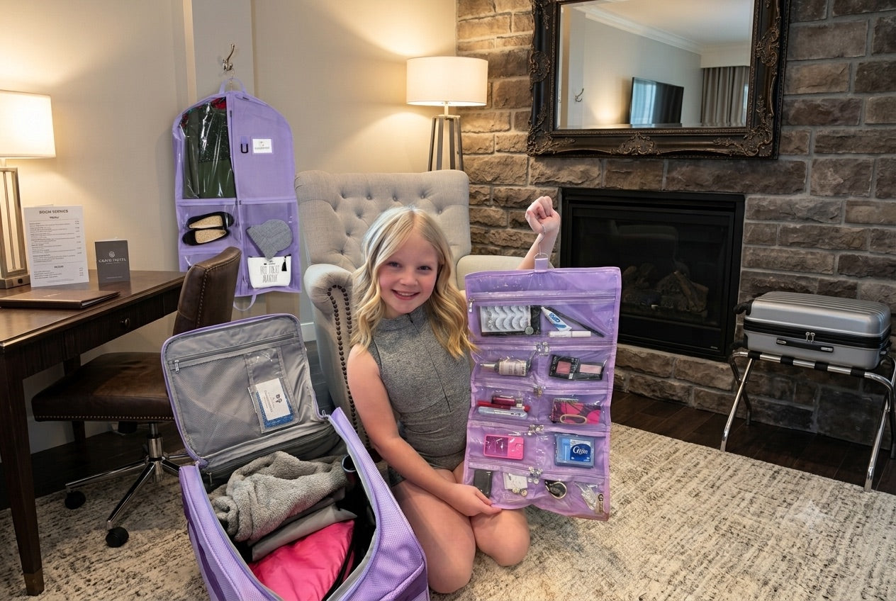 A young dancer in a hotel room with her Kendall Country garment bag, rolling duffel, and On-The-Go organizer packed for a dance competition